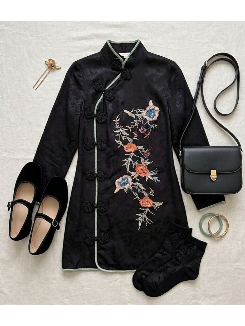 Zara Black Embroidered with Floral Design Mini Dress, Size S